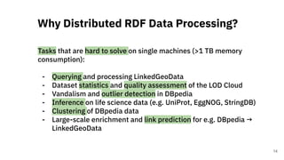 Tasks that are hard to solve on single machines (>1 TB memory
consumption):
- Querying and processing LinkedGeoData
- Dataset statistics and quality assessment of the LOD Cloud
- Vandalism and outlier detection in DBpedia
- Inference on life science data (e.g. UniProt, EggNOG, StringDB)
- Clustering of DBpedia data
- Large-scale enrichment and link prediction for e.g. DBpedia →
LinkedGeoData
Why Distributed RDF Data Processing?
14
 