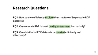RQ1: How can we efﬁciently explore the structure of large-scale RDF
datasets?
RQ2: Can we scale RDF dataset quality assessment horizontally?
RQ3: Can distributed RDF datasets be queried efﬁciently and
effectively?
Research Questions
16
 
