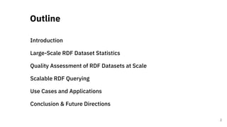 Introduction
Large-Scale RDF Dataset Statistics
Quality Assessment of RDF Datasets at Scale
Scalable RDF Querying
Use Case...