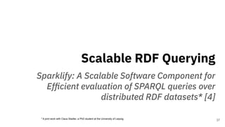 Scalable RDF Querying
Sparklify: A Scalable Software Component for
Efﬁcient evaluation of SPARQL queries over
distributed RDF datasets* [4]
37* A joint work with Claus Stadler, a PhD student at the University of Leipzig.
 