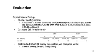 Experimental Setup
- Cluster conﬁguration
- 6 machines (1 master, 5 workers): Intel(R) Xeon(R) CPU E5-2620 v4 @ 2.10GHz
(32 Cores), 128 GB RAM, 12 TB SATA RAID-5, Spark-2.4.0, Hadoop 2.8.0, Scala
2.11.11 and Java 8
- Datasets (all in nt format)
- Distributed SPARQL query evaluators we compare with:
- SHARD, SPARQLGX-SDE, and Sparklify
Evaluation
48
LUBM WatDiv
1K 2K 3K 10M 100M
#nr. of triples 138,280,374 276,349,040 414,493,296 10,916,457 108,997,714
size (GB) 24 49 70 1.5 15
 
