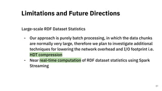 Large-scale RDF Dataset Statistics
- Our approach is purely batch processing, in which the data chunks
are normally very large, therefore we plan to investigate additional
techniques for lowering the network overhead and I/O footprint i.e.
HDT compression
- Near real-time computation of RDF dataset statistics using Spark
Streaming
Limitations and Future Directions
61
 