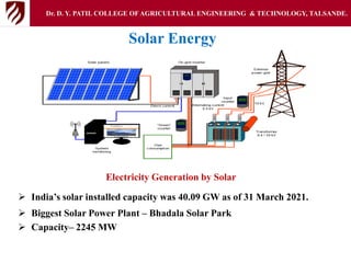 Solar Energy
Electricity Generation by Solar
 India’s solar installed capacity was 40.09 GW as of 31 March 2021.
 Biggest Solar Power Plant – Bhadala Solar Park
 Capacity– 2245 MW
Dr. D. Y. PATIL COLLEGE OFAGRICULTURAL ENGINEERING & TECHNOLOGY, TALSANDE.
 