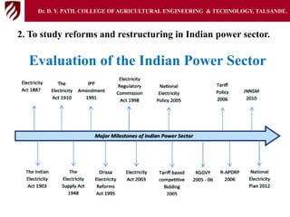 2. To study reforms and restructuring in Indian power sector.
Evaluation of the Indian Power Sector
Dr. D. Y. PATIL COLLEGE OFAGRICULTURAL ENGINEERING & TECHNOLOGY, TALSANDE.
 