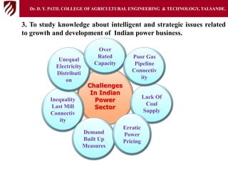 Inequality
Last Mill
Connectiv
ity
Demand
Built Up
Measures
Unequal
Electricity
Distributi
on
Over
Rated
Capacity
Lack Of
Coal
Supply
Erratic
Power
Pricing
Poor Gas
Pipeline
Connectiv
ity
Dr. D. Y. PATIL COLLEGE OFAGRICULTURAL ENGINEERING & TECHNOLOGY, TALSANDE.
3. To study knowledge about intelligent and strategic issues related
to growth and development of Indian power business.
 