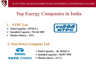 Top Energy Companies in India
1. NTPC Ltd
 Total Capacity : 95742 Cr
 Installed Capacity : 55,126 MW
 Market Shares : 15%
2. Tata Power Company Ltd
 Total Capacity : Rs 30,022 cr
 Installed capacity : 10,957 MW
 Market shares : 3.2 %
Dr. D. Y. PATIL COLLEGE OFAGRICULTURAL ENGINEERING & TECHNOLOGY, TALSANDE.
 