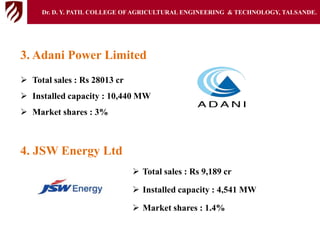 3. Adani Power Limited
 Total sales : Rs 28013 cr
 Installed capacity : 10,440 MW
 Market shares : 3%
4. JSW Energy Ltd
 Total sales : Rs 9,189 cr
 Installed capacity : 4,541 MW
 Market shares : 1.4%
Dr. D. Y. PATIL COLLEGE OFAGRICULTURAL ENGINEERING & TECHNOLOGY, TALSANDE.
 