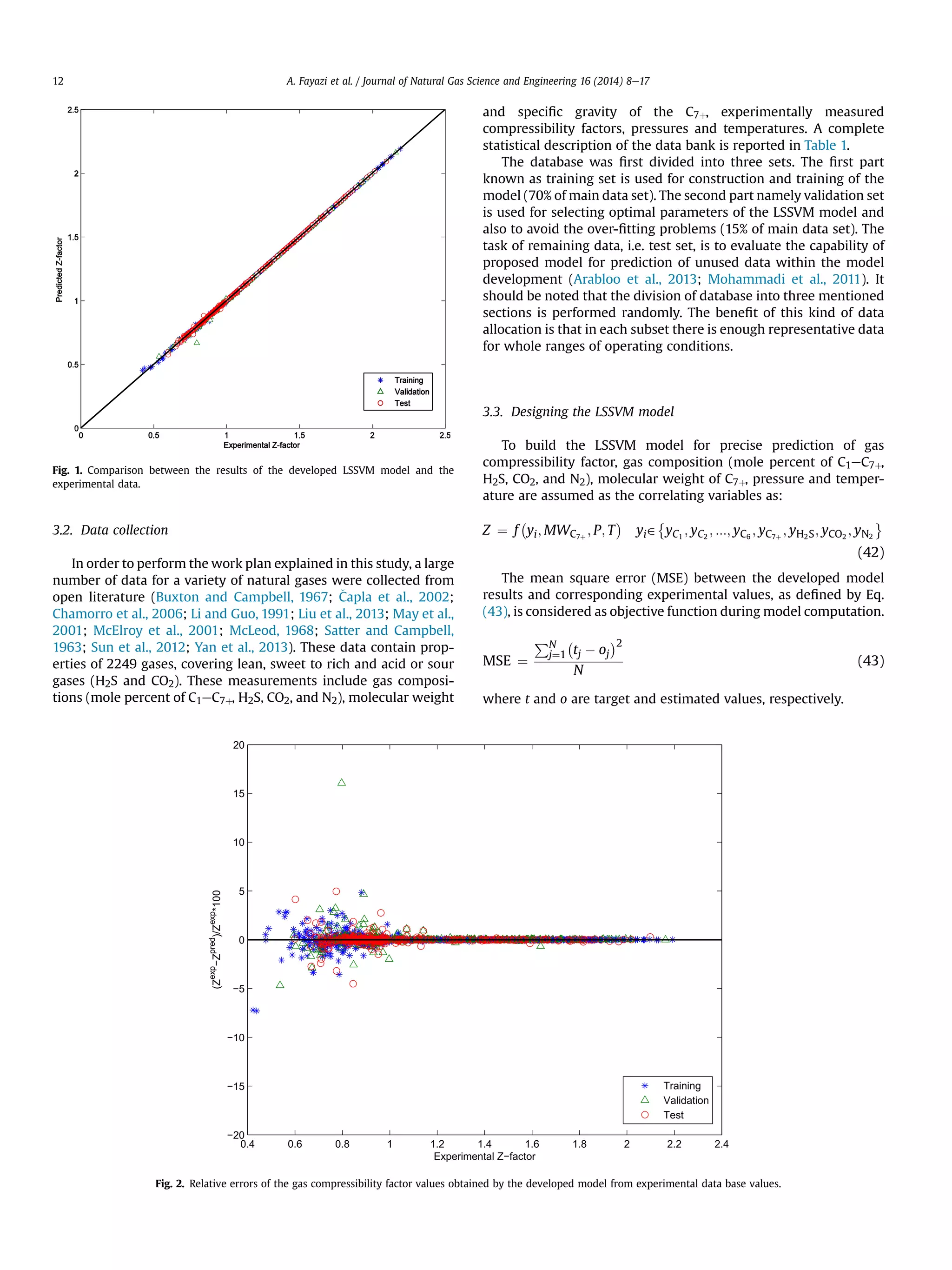 3.2. Data collection
In order to perform the work plan explained in this study, a large
number of data for a variety of natural gases were collected from
open literature (Buxton and Campbell, 1967; Capla et al., 2002;
Chamorro et al., 2006; Li and Guo, 1991; Liu et al., 2013; May et al.,
2001; McElroy et al., 2001; McLeod, 1968; Satter and Campbell,
1963; Sun et al., 2012; Yan et al., 2013). These data contain prop-
erties of 2249 gases, covering lean, sweet to rich and acid or sour
gases (H2S and CO2). These measurements include gas composi-
tions (mole percent of C1eC7þ, H2S, CO2, and N2), molecular weight
and speciﬁc gravity of the C7þ, experimentally measured
compressibility factors, pressures and temperatures. A complete
statistical description of the data bank is reported in Table 1.
The database was ﬁrst divided into three sets. The ﬁrst part
known as training set is used for construction and training of the
model (70% of main data set). The second part namely validation set
is used for selecting optimal parameters of the LSSVM model and
also to avoid the over-ﬁtting problems (15% of main data set). The
task of remaining data, i.e. test set, is to evaluate the capability of
proposed model for prediction of unused data within the model
development (Arabloo et al., 2013; Mohammadi et al., 2011). It
should be noted that the division of database into three mentioned
sections is performed randomly. The beneﬁt of this kind of data
allocation is that in each subset there is enough representative data
for whole ranges of operating conditions.
3.3. Designing the LSSVM model
To build the LSSVM model for precise prediction of gas
compressibility factor, gas composition (mole percent of C1eC7þ,
H2S, CO2, and N2), molecular weight of C7þ, pressure and temper-
ature are assumed as the correlating variables as:
Z ¼ f
À
yi; MWC7þ
; P; T
Á
yi˛
È
yC1
; yC2
; :::; yC6
; yC7þ
; yH2S; yCO2
; yN2
É
(42)
The mean square error (MSE) between the developed model
results and corresponding experimental values, as deﬁned by Eq.
(43), is considered as objective function during model computation.
MSE ¼
PN
j¼1
À
tj À oj
Á2
N
(43)
where t and o are target and estimated values, respectively.
0.4 0.6 0.8 1 1.2 1.4 1.6 1.8 2 2.2 2.4
−20
−15
−10
−5
0
5
10
15
20
Experimental Z−factor
(Zexp
−Zpred
)/Zexp
*100
Training
Validation
Test
Fig. 2. Relative errors of the gas compressibility factor values obtained by the developed model from experimental data base values.
Fig. 1. Comparison between the results of the developed LSSVM model and the
experimental data.
A. Fayazi et al. / Journal of Natural Gas Science and Engineering 16 (2014) 8e1712
 