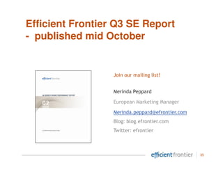 Efficient Frontier Q3 SE Report
- published mid October


                  Join our mailing list!


                  Merinda Peppard

                  European Marketing Manager

                  Merinda.peppard@efrontier.com
                  Blog: blog.efrontier.com
                  Twitter: efrontier



                                                  35
 