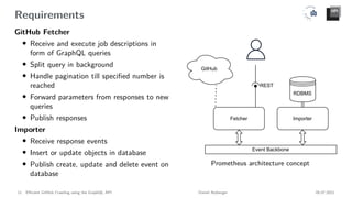 Requirements
GitHub Fetcher
• Receive and execute job descriptions in
form of GraphQL queries
• Split query in background
• Handle pagination till specified number is
reached
• Forward parameters from responses to new
queries
• Publish responses
Importer
• Receive response events
• Insert or update objects in database
• Publish create, update and delete event on
database
RDBMS
Event Backbone
Fetcher Importer
REST
GitHub
Prometheus architecture concept
11 Efficient GitHub Crawling using the GraphQL API Daniel Atzberger 05.07.2021
 