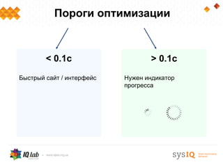 Пороги оптимизации



        < 0.1c                    > 0.1c
Быстрый сайт / интерфейс   Нужен индикатор
                           прогресса
 