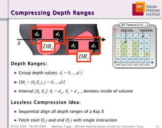 Compressing Depth Ranges Depth Ranges: Group depth values:  d i  = 0,…,d-1 DR j  = (S j ,E j  ), j = 0,…,d/2   Interval  [S j , E j  ], S j  = d 2j  , E j  = d  2j+1  denotes inside of volume Lossless Compression Idea: Sequential align all depth ranges of a Ray  R Fetch start ( S j  )  and end ( S j  )  with single instruction DR 0 DR 1 