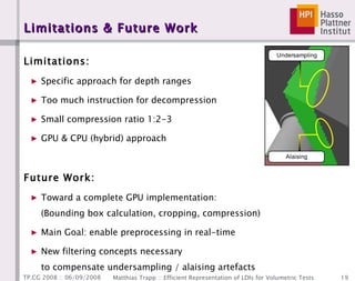 Limitations & Future Work Limitations: Specific approach for depth ranges Too much instruction for decompression Small compression ratio 1:2-3 GPU & CPU (hybrid) approach Future Work: Toward a complete GPU implementation: (Bounding box calculation, cropping, compression) Main Goal: enable preprocessing in real-time New filtering concepts necessary to compensate undersampling / alaising artefacts 