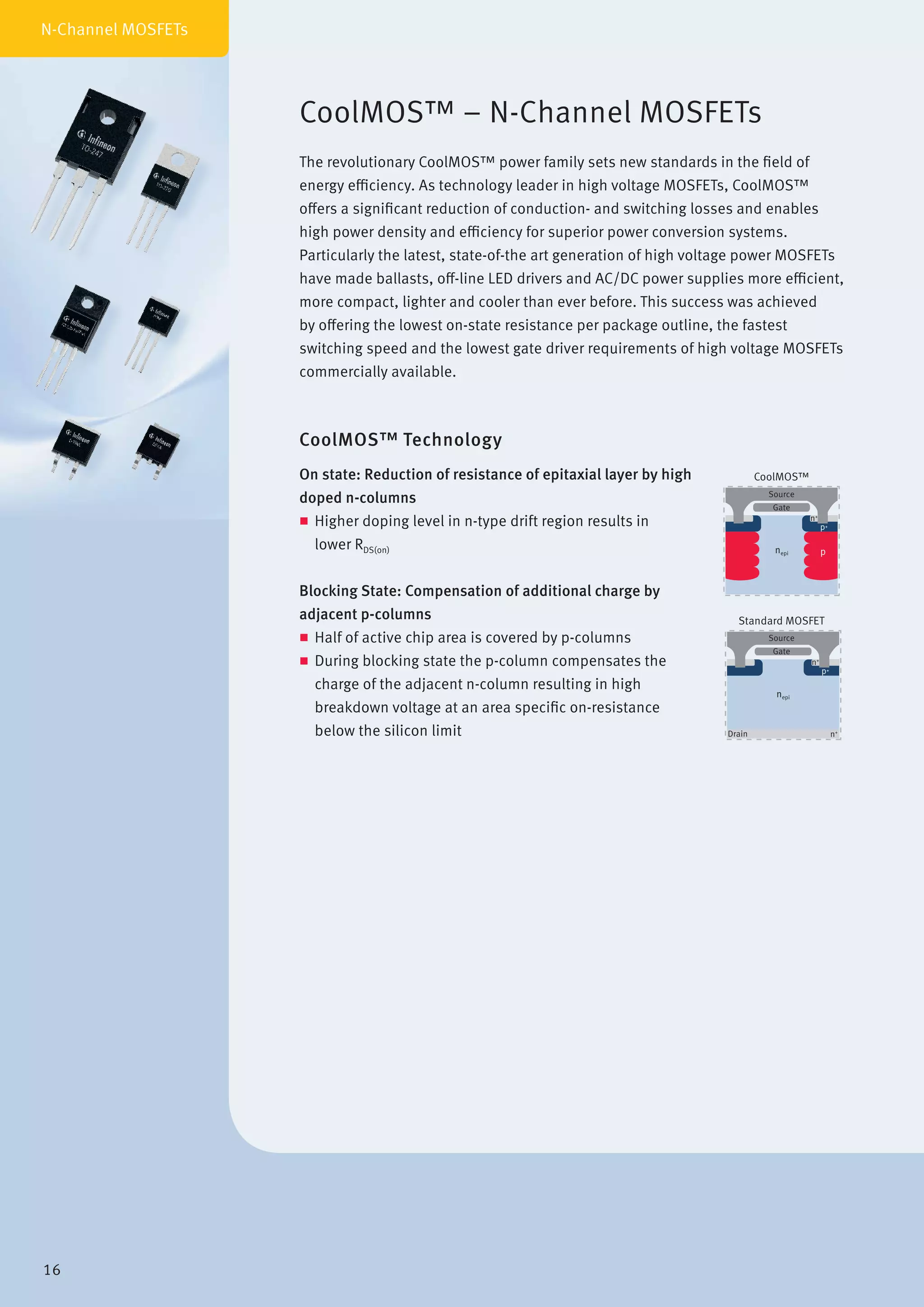 The revolutionary CoolMOS™ power family sets new standards in the field of
energy efficiency. As technology leader in high voltage MOSFETs, CoolMOS™
offers a significant reduction of conduction- and switching losses and enables
high power density and efficiency for superior power conversion systems.
Particularly the latest, state-of-the art generation of high voltage power MOSFETs
have made ballasts, off-line LED drivers and AC/DC power supplies more efficient,
more compact, lighter and cooler than ever before. This success was achieved
by offering the lowest on-state resistance per package outline, the fastest
switching speed and the lowest gate driver requirements of high voltage MOSFETs
commercially available.
On state: Reduction of resistance of epitaxial layer by high
doped n-columns
„„ Higher doping level in n-type drift region results in
lower RDS(on)
Blocking State: Compensation of additional charge by
adjacent p-columns
„„ Half of active chip area is covered by p-columns
„„ During blocking state the p-column compensates the
charge of the adjacent n-column resulting in high
breakdown voltage at an area specific on-resistance
below the silicon limit
CoolMOS™ – N-Channel MOSFETs
CoolMOS™ Technology
CoolMOS™
Gate
Source
nepi
p+
n+
Standard MOSFET
Drain n+
p
Gate
Source
nepi
p+
n+
N-Channel MOSFETs
16
 