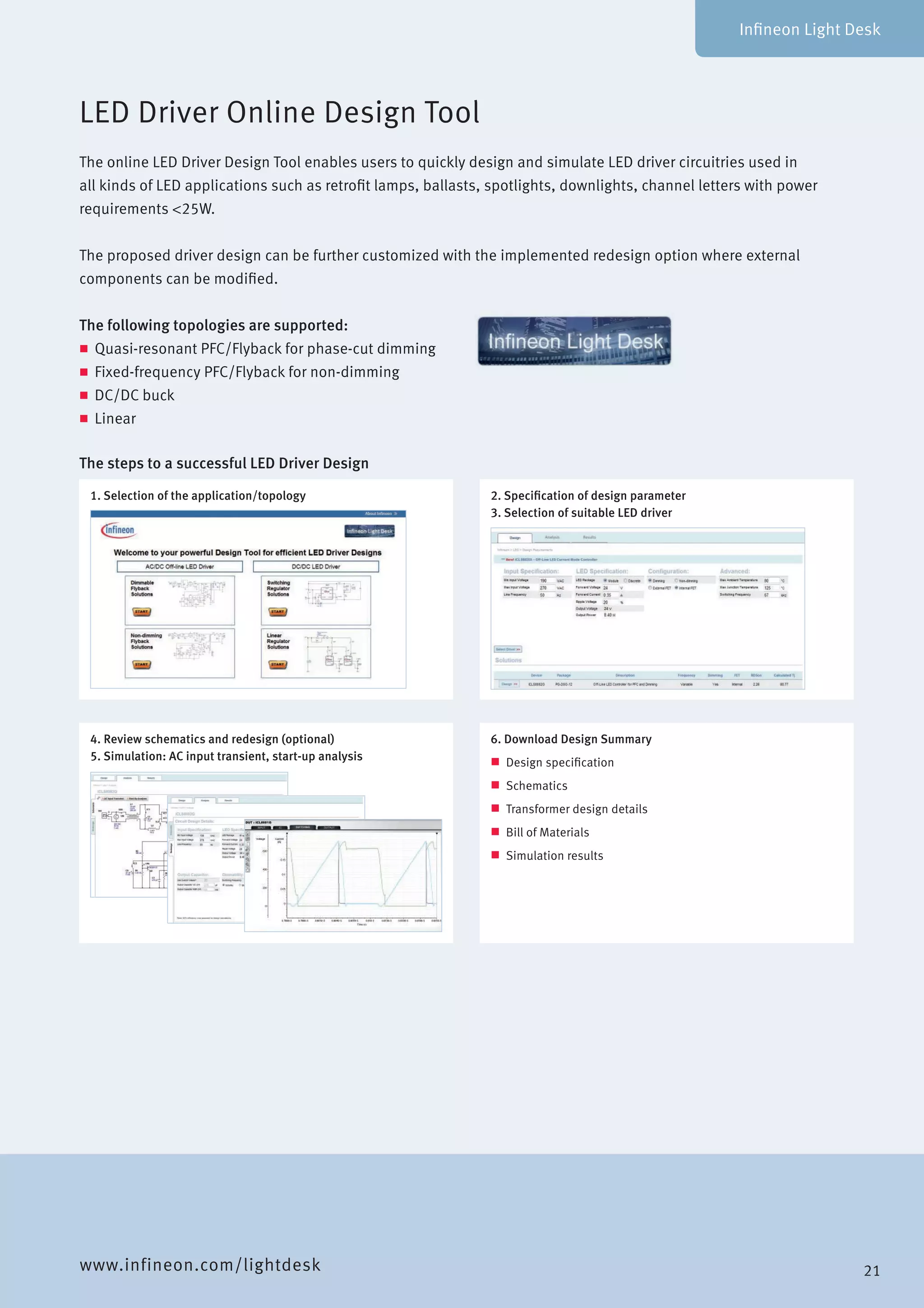 The online LED Driver Design Tool enables users to quickly design and simulate LED driver circuitries used in
all kinds of LED applications such as retrofit lamps, ballasts, spotlights, downlights, channel letters with power
requirements <25W.
The proposed driver design can be further customized with the implemented redesign option where external
components can be modified.
The following topologies are supported:
„„ Quasi-resonant PFC/Flyback for phase-cut dimming
„„ Fixed-frequency PFC/Flyback for non-dimming
„„ DC/DC buck	
„„ Linear
LED Driver Online Design Tool
The steps to a successful LED Driver Design
1. Selection of the application/topology
4. Review schematics and redesign (optional)
5. Simulation: AC input transient, start-up analysis
2. Specification of design parameter
3. Selection of suitable LED driver
6. Download Design Summary
„„ Design specification
„„ Schematics
„„ Transformer design details
„„ Bill of Materials
„„ Simulation results
Infineon Light Desk
www.infineon.com/lightdesk 21
 