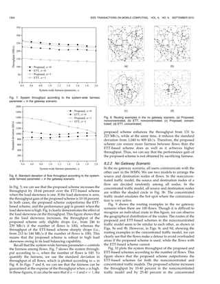 c ;
           l2L           c2V l                    c2C
                                                                                                                                     X  þ l
                                                                                                          Rf ð Þ ¼ arg min
                                                                                                                                                      :             ð16Þ
                                                                                                                              
2Gf            dl
where a :¼ ðal Þl2L and V l denotes the set of the indices of all                                                                    l2D

clusters that the link l belongs to (i.e., V l :¼ fc : l 2 Mc g). It
is noted that we have                                                           P We define ð þ l Þ=dl as the “link cost” of the link l. Since
                                                                                  l2D
 ð þ l Þ=dl is the sum of link costs on the route 
, the
         X XX                      XX           X                               optimal route is the route that minimizes the sum of link
             l         f;r =dl ¼         f;r     l =dl ;
            l2L    r2Hl f2Qr                       f2F r2Gf     l2Dr
                                                                                costs. Since most existing ad hoc routing algorithms can
       P          P                     P          P                            employ the sum of link costs as the routing metric, the
and c2C c l2Mc al ¼ l2L al c2V l c . In (10), l and c                       optimal route can be found by applying those ad hoc
are the Lagrange multipliers corresponding to the con-                          routing algorithms.
straints (8) and (9), respectively. We also define  :¼ ðl Þl2L ,                 When f is a single-path flow data rate vector with the
 :¼ ðc Þc2C , and w :¼ ð ;  Þ.
                                                                               active route of 
, we can maximize ðf ;  Þ if the flow data
                                                                                                                          
   From the Lagrangian, we define the dual function as                          rate on the active route is equal to
gðwÞ :¼ max;a Âð; a; wÞ. The dual function gðwÞ is defined
                    
                                                     P                                f ð
;  Þ
only for the Lagrange multipliers such that l À c2V l c ¼                                                     X  þ l '
0 for l 2 L, since we have gðwÞ ¼ 1 for the other Lagrange                            :¼ arg max      uf ðÞ À 
multipliers. Then, the dual function is given as follows:                                   0  max
                                                                                                                 l2D
                                                                                                                         dl                                          ð17Þ
                       X                      X                                                                           !þ       '
                                                                                               pf             1
                gðwÞ ¼    max ð f ;  Þ þ  