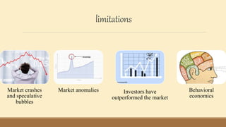 limitations
Market crashes
and speculative
bubbles
Market anomalies Investors have
outperformed the market
Behavioral
economics
 