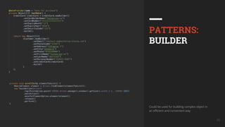 UkrainQA #7 10
PATTERNS:
BUILDER
Could be used for building complex object in
an efficient and convenient way
 