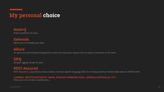 UkrainQA #7 18
My personal choice
AssertJ
Fluent assertions for java
Selenide
Allows you to simplify your tests
Allure
An open-source framework designed to create test execution reports that are clear to everyone in the team
Slf4j
Simple Logging Facade for Java
REST-Assured
REST Assured is a Java library that provides a domain-specific language (DSL) for writing powerful, maintainable tests for RESTful APIs
LOMBOK, OKHTTP/RETFROFIT, GSON, APACHE COMMONS POOL, GOOGLE AUTOVALUE, ETC.
There are a lot of other cool libraries...
 