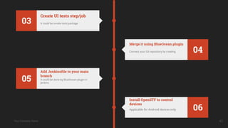 Your Company Name
03 It could be smoke tests package
Create UI tests step/job
04Connect your Git repository by creating
Merge it using BlueOcean plugin
05 It could be done by BlueOcean plugin in
Jenkins
Add Jenkinsfile to your main
branch
06Applicable for Android devices only
Install OpenSTF to control
devices
43
 