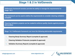 7
info@valgenesis.com www.valgenesis.com
Stage 1 & 2 in ValGenesis
ValGenesis framework function provide the ability to manage the requirements for
stage 1 & 2
The framework can be used to define the requirements to consider cleaning validation
complete
Cleaning Validation projects can be created to enforce quality checks against process
deliverables
Stage 1 & 2 ValGenesis framework can have the following deliverable requirements
Cleaning Study Summary Report (complete & approved)
Cleaning Validation Protocols (complete & approved)
Validation Summary Reports (complete & approved)
 