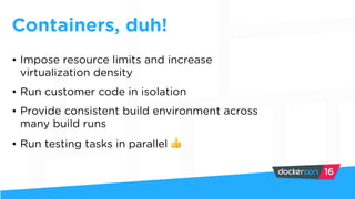 Containers, duh!
• Impose resource limits and increase
virtualization density
• Run customer code in isolation
• Provide consistent build environment across
many build runs
• Run testing tasks in parallel 👍
 