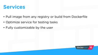 Services
• Pull image from any registry or build from Dockerfile
• Optimize service for testing tasks
• Fully customizable by the user
 