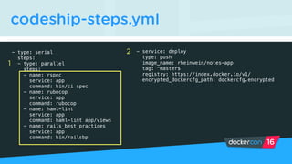 codeship-steps.yml
- type: serial
steps:
- type: parallel
steps:
- name: rspec
service: app
command: bin/ci spec
- name: rubocop
service: app
command: rubocop
- name: haml-lint
service: app
command: haml-lint app/views
- name: rails_best_practices
service: app
command: bin/railsbp
- service: deploy
type: push
image_name: rheinwein/notes-app
tag: ^master$
registry: https://index.docker.io/v1/
encrypted_dockercfg_path: dockercfg.encrypted
1
2
 