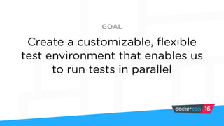 Create a customizable, flexible
test environment that enables us
to run tests in parallel
GOAL
 