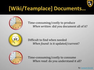 By:	
  Lennart	
  Jörelid	
  
Time-­‐consuming/costly	
  to	
  produce	
  
	
  When	
  written:	
  did	
  you	
  document	
  all	
  of	
  it?	
  
Difbicult	
  to	
  bind	
  when	
  needed	
  
	
  When	
  found:	
  is	
  it	
  updated/current?	
  
Time-­‐consuming/costly	
  to	
  consume	
  
	
  When	
  read:	
  do	
  you	
  understand	
  it	
  all?	
  
 