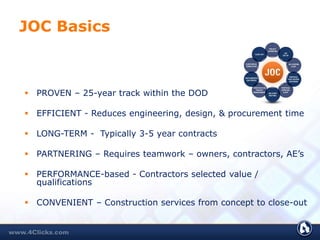  PROVEN – 25-year track within the DOD
 EFFICIENT - Reduces engineering, design, & procurement time
 LONG-TERM - Typically 3-5 year contracts
 PARTNERING – Requires teamwork – owners, contractors, AE’s
 PERFORMANCE-based - Contractors selected value /
qualifications
 CONVENIENT – Construction services from concept to close-out
JOC Basics
 
