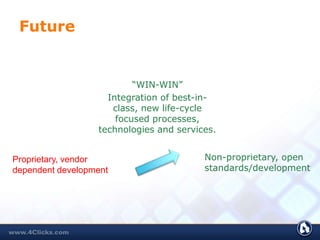 Future
“WIN-WIN”
Integration of best-in-
class, new life-cycle
focused processes,
technologies and services.
Proprietary, vendor
dependent development
Non-proprietary, open
standards/development
 