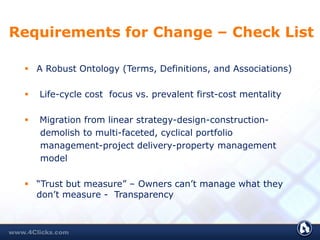 Requirements for Change – Check List
 A Robust Ontology (Terms, Definitions, and Associations)
 Life-cycle cost focus vs. prevalent first-cost mentality
 Migration from linear strategy-design-construction-
demolish to multi-faceted, cyclical portfolio
management-project delivery-property management
model
 “Trust but measure” – Owners can’t manage what they
don’t measure - Transparency
 