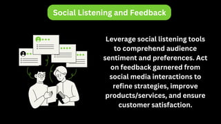 Social Listening and Feedback
Leverage social listening tools
to comprehend audience
sentiment and preferences. Act
on feedback garnered from
social media interactions to
refine strategies, improve
products/services, and ensure
customer satisfaction.
 