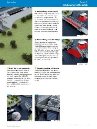 A
B
C
D
E
F
H
I
J
K
L
M
N
O
P
Q
R
S
TT R A F F I C S Y S T E M S | S I C K8016129/2013-03-18
Subject to change without notice
35
1 Area monitoring on draw bridges
Before a draw bridge is opened, it must
be ensured that no persons or objects
are still on the bridge. LMS511 laser
measurement sensors in combination
with the intelligent Flexi Soft safety con-
troller and cyclic self-tests on a defined
external test target provide a reliable
solution. The monitoring area can be
easily and accurately adjusted to the
geometry of the area to be monitored.
2 Area monitoring below draw bridges
When closing a draw bridge, there
should be no vessel under the bridge.
The LMS511 laser measurement sen-
sor in combination with the intelligent
Flexi Soft safety controller and cyclic self-
tests on a defined external test target
reliably detect objects under the bridge.
The monitoring area can be easily and
accurately adjusted to the geometry of
the area to be monitored.
LMS511 g p. 65
LMS511 g p. 65
5 Ship arrival on rivers and canals
For optimal coordination of locks or
control of automatic draw bridges,
approaching vessels should be detected
in a timely manner. The HISIC450
consists of two outdoor light barriers.
It can be installed either on rivers or
canals long before the draw bridge
and it reliably detects vessels even in
poor weather.
6 Determining position at lock gates
The KH53 linear encoder records the
position of the lock gate when closing for
optimal control. Non-contact, wear-free
technology ensures accurate system
measurements, even in harsh environ-
ments.
HISIC450 g p. 52 KH53 g p. 56
Focus 5:
Solutions for traffic safety
Sea routes
 