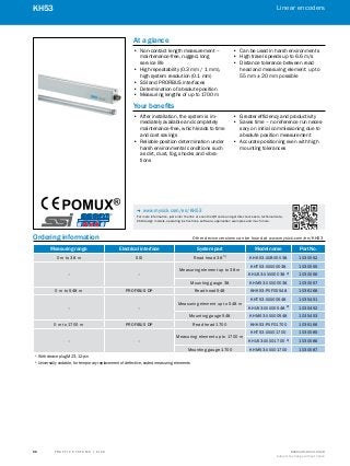 A
B
C
D
E
F
H
I
J
K
L
M
N
O
P
Q
R
S
T T R A F F I C S Y S T E M S | S I C K 8016129/2013-03-18
Subject to change without notice
Linear encoders
﻿
56
KH53
Ordering information	 Other device versions can be found at www.mysick.com/en/KH53
Measuring range Electrical interface System part Model name Part No.
0 m to 38 m SSI Read head 38 1)
KHK53-AXB00038 1030052
– –
Measuring element up to 38 m
KHT53-XXX00038 1030055
KHU53-XXX00038 2)
1030056
Mounting gauge 38 KHM53-XXX00038 1030057
0 m to 548 m PROFIBUS DP Read head 548 KHK53-PXF00548 1036168
– –
Measuring element up to 548 m
KHT53-XXX00548 1035451
KHU53-XXX00548 2)
1035452
Mounting gauge 548 KHM53-XXX00548 1035453
0 m to 1700 m PROFIBUS DP Read head 1700 KHK53-PXF01700 1036166
– –
Measuring element up to 1700 m
KHT53-XXX01700 1030085
KHU53-XXX01700 2)
1030086
Mounting gauge 1700 KHM53-XXX01700 1030087
1)
With device plug M23, 12-pin
2)
Universally codable, for temporary replacement of defective, coded measuring elements
At a glance
•• Non-contact length measurement –
maintenance-free, rugged, long
service life
•• High repeatability (0.3 mm / 1 mm),
high system resolution (0.1 mm)
•• SSI and PROFIBUS interfaces
•• Determination of absolute position
•• Measuring lengths of up to 1700 m
•• Can be used in harsh environments
•• High travel speeds up to 6.6 m/s
•• Distance tolerance between read
head and measuring element: up to
55 mm ± 20 mm possible
Your benefits
•• After installation, the system is im-
mediately available and completely
maintenance-free, which leads to time
and cost savings
•• Reliable position determination under
harsh environmental conditions such
as dirt, dust, fog, shocks and vibra-
tions
•• Greater efficiency and productivity
•• Saves time – no reference run neces-
sary on initial commissioning due to
absolute position measurement
•• Accurate positioning even with high
mounting tolerances
-- www.mysick.com/en/KH53
For more information, just enter the link or scan the QR code and get direct access to technical data,
CAD design models, operating instructions, software, application examples and much more.
 