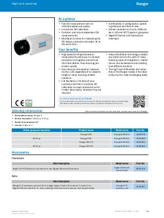 A
B
C
D
E
F
H
I
J
K
L
M
N
O
P
Q
R
S
TT R A F F I C S Y S T E M S | S I C K8016129/2013-03-18
Subject to change without notice
High-end cameras
﻿
59
Ranger
Ordering information	 Other device versions can be found at www.mysick.com/en/Ranger
•• Sub-product family: Ranger E
•• Sensor resolution: 1536 px x 512 px
•• Scatter measurement: l
•• Lenses: C-Mount, 1“
Hi-Res grayscale resolution Product name Model name Part No.
– Ranger E50 Ranger-E50414 1040379
3072 px Ranger E55 Ranger-E55414 1040380
– Ranger E50 IR Ranger-E50424 1040381
3072 px Ranger E55 IR Ranger-E55424 1040382
Accessories
Hardware
Brief description Model name Part No.
Single Port PCI Board for connection to the Gigabit Ethernet 3D camera
Gigabit Ethernet
board single
6032329
Sets
Brief description Model name Part No.
Ranger E/D accessory set with 24-V voltage supply, Power I/O terminal, Y cable (2 m),
Gigabit Ethernet cable (5 m), lens, operating instructions and camera mounting brackets
Ranger E/D
accessory set
2040857
At a glance
•• Fast 3D measurement with un-
matched speed and quality
•• In-machine 3D calibration
•• Contrast- and color-independent 3D
measurements
•• MultiScan function for measuring the
3D shape, contrast and scatter, all at
the same time
•• Full flexibility in configuration, operat-
ing distance and field of view
•• Sensor resolutions of up to 1536 pix-
els in 3D and 3072 pixels in grayscale
•• Gigabit Ethernet and CameraLink
interfaces
Your benefits
•• High-speed and high-resolution
measurements allow you to increase
production throughput and still see
the finest details, thus ensuring pro-
duction quality
•• Accurate size and position measure-
ments in 3D regardless of an object's
height or color, ensuring reliable
solutions
•• Full flexibility in the field of view
combined with the in-machine 3D
calibration concept provides true mil-
limeter dimensions, wherever they are
required
•• Unique MultiScan technology enables
one camera to do the work of many,
reducing costs for integration, mainte-
nance, and accessories and creating
cost-efficient solutions
•• The high level of flexibility and versa-
tility of the Ranger makes it the ideal
choice for the most challenging tasks
-- www.mysick.com/en/Ranger
For more information, just enter the link or scan the QR code and get direct access to technical data,
CAD design models, operating instructions, software, application examples and much more.
 