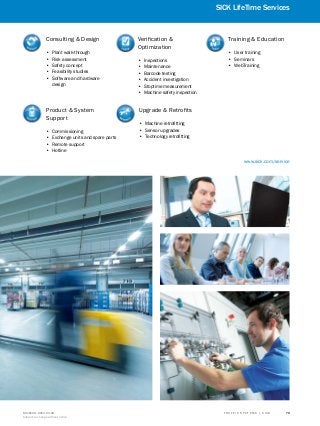 T R A F F I C S Y S T E M S | S I C K8016129/2013-03-18
Subject to change without notice
79
SICK LifeTime Services
A
B
C
D
E
F
G
H
I
J
K
www.sick.com/service
Verification &
Optimization
•• Inspections
•• Maintenance
•• Barcode testing
•• Accident investigation
•• Stoptime measurement
•• Machine safety inspection
Upgrade & Retrofits
•• Machine retrofitting
•• Sensor upgrades
•• Technology retrofitting
Consulting & Design
•• Plant walk-through
•• Risk assessment
•• Safety concept
•• Feasibility studies
•• Software and hardware
design
Product & System
Support
•• Commissioning
•• Exchange units and spare parts
•• Remote support
•• Hotline
Training & Education
•• User training
•• Seminars
•• WebTraining
 