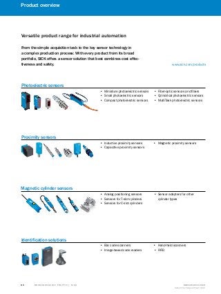 B r a n che n g u i d e T r affic | S I C K 8016129/2013-03-18
Subject to change without notice
8 0
Product overview
Versatile product range for industrial automation
From the simple acquisition task to the key sensor technology in
a complex production process: With every product from its broad
portfolio, SICK offers a sensor solution that best combines cost effec-
tiveness and safety. www.sick.com/products
Identification solutions
•• Bar code scanners
•• Image-based code readers
•• Hand-held scanners
•• RFID
Photoelectric sensors
•• Miniature photoelectric sensors
•• Small photoelectric sensors
•• Compact photoelectric sensors
•• Fiber-optic sensors and fibers
•• Cylindrical photoelectric sensors
•• MultiTask photoelectric sensors
Proximity sensors
•• Inductive proximity sensors
•• Capacitive proximity sensors
•• Magnetic proximity sensors
Magnetic cylinder sensors
•• Analog positioning sensors
•• Sensors for T-slot cylinders
•• Sensors for C-slot cylinders
•• Sensor adapters for other
cylinder types
 