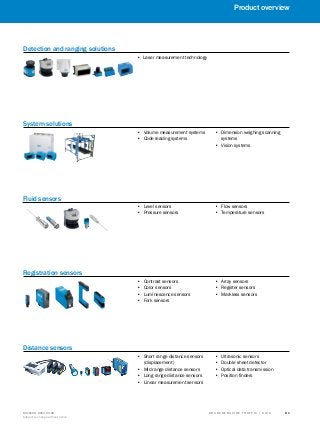B r a n che n g u i d e T r affic | S I C K8016129/2013-03-18
Subject to change without notice
8 1
Product overview
Detection and ranging solutions
•• Laser measurement technology
System solutions
•• Volume measurement systems
•• Code reading systems
•• Dimension weighing scanning
systems
•• Vision systems
Fluid sensors
•• Level sensors
•• Pressure sensors
Registration sensors
•• Contrast sensors
•• Color sensors
•• Luminescence sensors
•• Fork sensors
•• Array sensors
•• Register sensors
•• Markless sensors
Distance sensors
•• Short range distance sensors
(displacement)
•• Mid range distance sensors
•• Long range distance sensors
•• Linear measurement sensors
•• Ultrasonic sensors
•• Double sheet detector
•• Optical data transmission
•• Position finders
•• Flow sensors
•• Temperature sensors
 