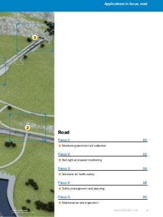 A
B
C
D
E
F
H
I
J
K
L
M
N
O
P
Q
R
S
TT R A F F I C S Y S T E M S | S I C K8016129/2013-03-18
Subject to change without notice
9
Road
Focus 1	 10
1 Monitoring electronic toll collection
Focus 2	 12
2 Red light and speed monitoring
Focus 3	 14
3 Solutions for traffic safety
Focus 4	 18
4 Traffic management and planning
Focus 5	 20
5 Maintenance and inspection
8016129/2013-03-18
Subject to change without notice
Applications in focus, road
2
3
 