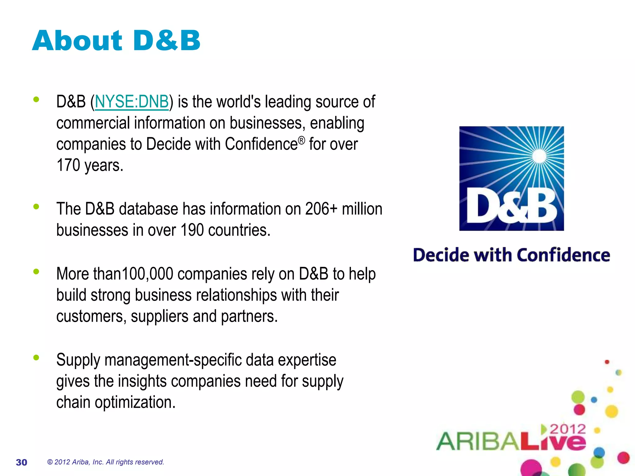 About D&B

     •      D&B (NYSE:DNB) is the world's leading source of
            commercial information on businesses, enabling
            companies to Decide with Confidence® for over
            170 years.

     •      The D&B database has information on 206+ million
            businesses in over 190 countries.

     •      More than100,000 companies rely on D&B to help
            build strong business relationships with their
            customers, suppliers and partners.

     •      Supply management-specific data expertise
            gives the insights companies need for supply
            chain optimization.


30       © 2012 Ariba, Inc. All rights reserved.
 