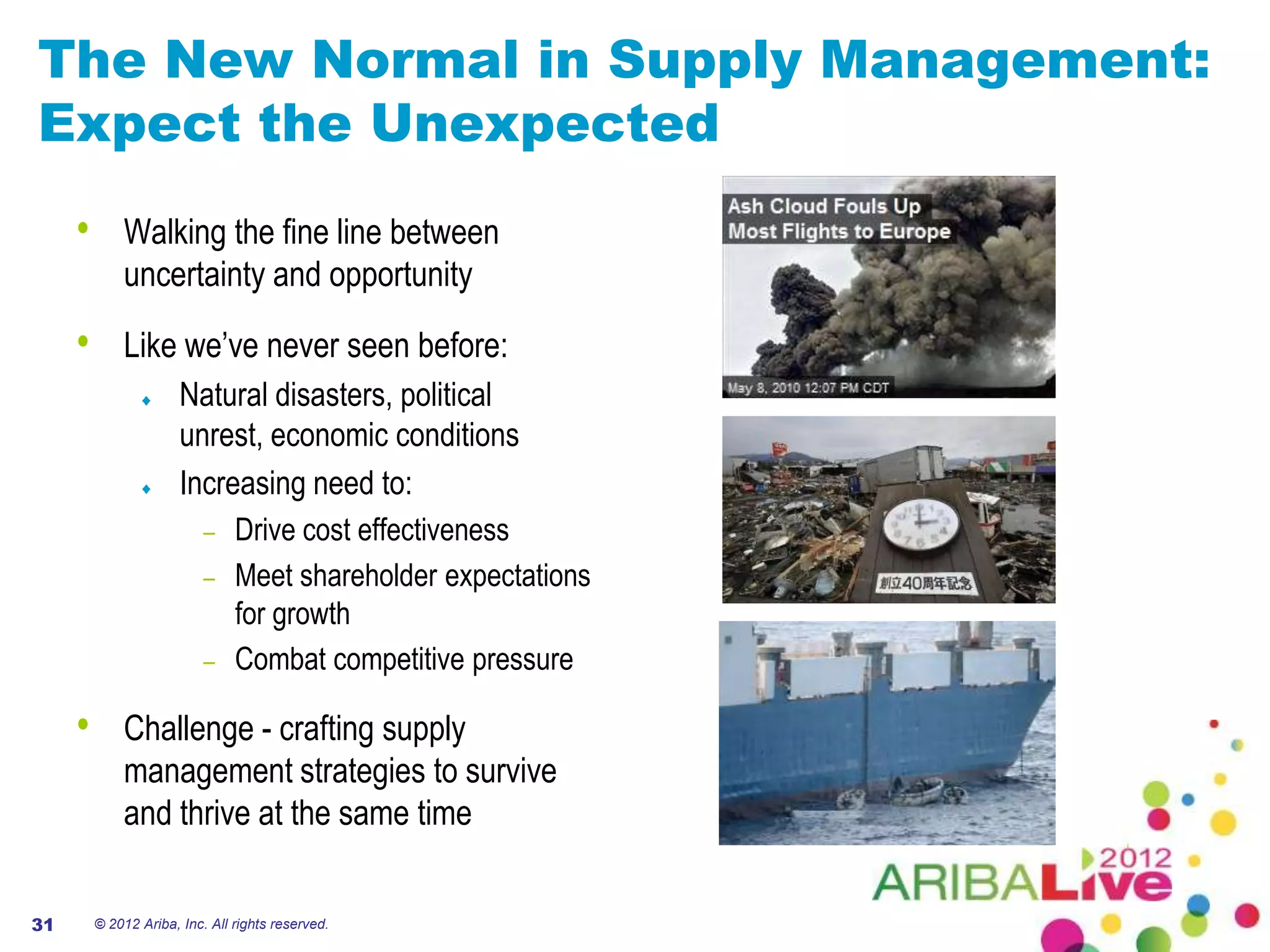 The New Normal in Supply Management:
Expect the Unexpected
     •       Walking the fine line between
             uncertainty and opportunity

     •       Like we’ve never seen before:
                       Natural disasters, political
                       unrest, economic conditions
                       Increasing need to:
                           – Drive cost effectiveness
                           – Meet shareholder expectations
                             for growth
                           – Combat competitive pressure

     •       Challenge - crafting supply
             management strategies to survive
             and thrive at the same time


31       © 2012 Ariba, Inc. All rights reserved.
 