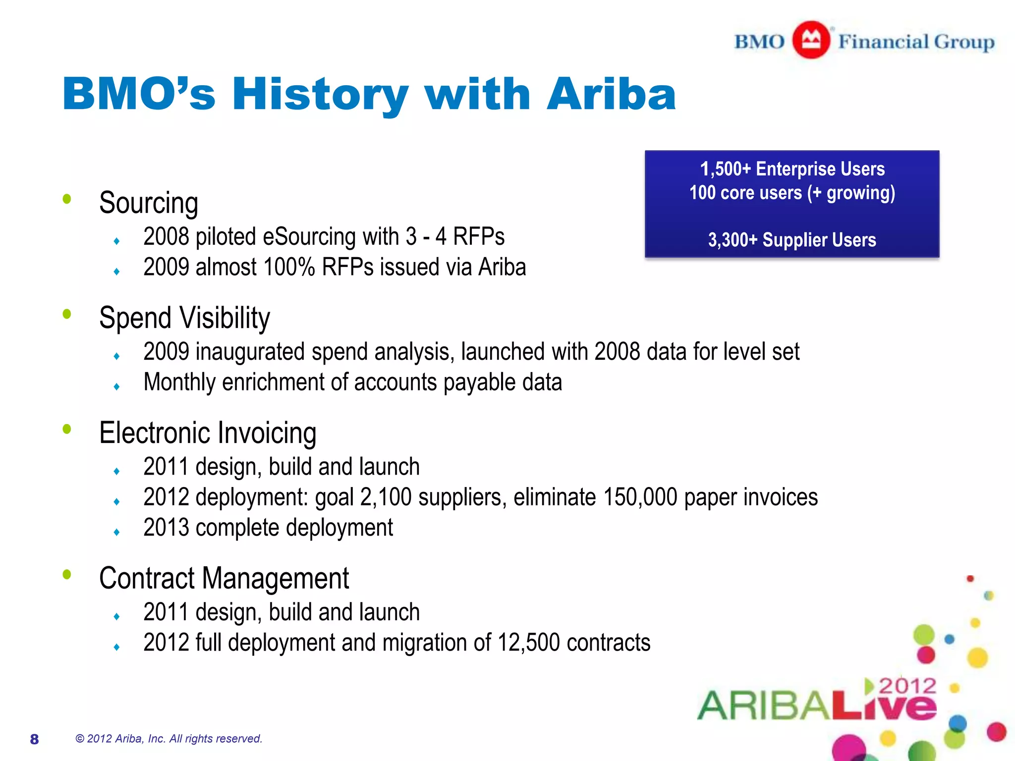 BMO’s History with Ariba
                                                                                 1,500+ Enterprise Users
    •       Sourcing                                                            100 core users (+ growing)

                      2008 piloted eSourcing with 3 - 4 RFPs                      3,300+ Supplier Users
                      2009 almost 100% RFPs issued via Ariba

    •       Spend Visibility
                      2009 inaugurated spend analysis, launched with 2008 data for level set
                      Monthly enrichment of accounts payable data

    •       Electronic Invoicing
                      2011 design, build and launch
                      2012 deployment: goal 2,100 suppliers, eliminate 150,000 paper invoices
                      2013 complete deployment

    •       Contract Management
                      2011 design, build and launch
                      2012 full deployment and migration of 12,500 contracts


8       © 2012 Ariba, Inc. All rights reserved.
 
