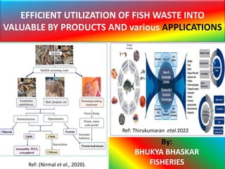 EFFICIENT UTILIZATION OF FISH WASTE INTO
VALUABLE BY PRODUCTS AND various APPLICATIONS
By:
BHUKYA BHASKAR
FISHERIES
Ref: Thirukumaran etal.2022
Ref: (Nirmal et al., 2020).
 