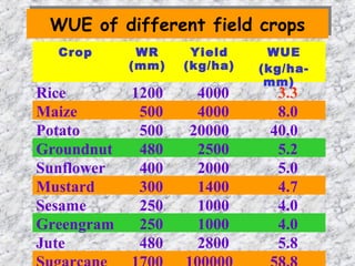 WUE of different field cropsWUE of different field crops
Crop WR
(mm)
Yield
(kg/ha)
WUE
(kg/ha-
mm)
Rice 1200 4000 3.3
Maize 500 4000 8.0
Potato 500 20000 40.0
Groundnut 480 2500 5.2
Sunflower 400 2000 5.0
Mustard 300 1400 4.7
Sesame 250 1000 4.0
Greengram 250 1000 4.0
Jute 480 2800 5.8
 