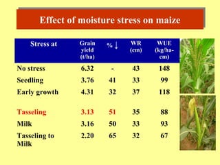 Effect of moisture stress on maizeEffect of moisture stress on maize
Stress at Grain
yield
(t/ha)
% ↓ WR
(cm)
WUE
(kg/ha-
cm)
No stress 6.32 - 43 148
Seedling 3.76 41 33 99
Early growth 4.31 32 37 118
Tasseling 3.13 51 35 88
Milk 3.16 50 33 93
Tasseling to
Milk
2.20 65 32 67
 