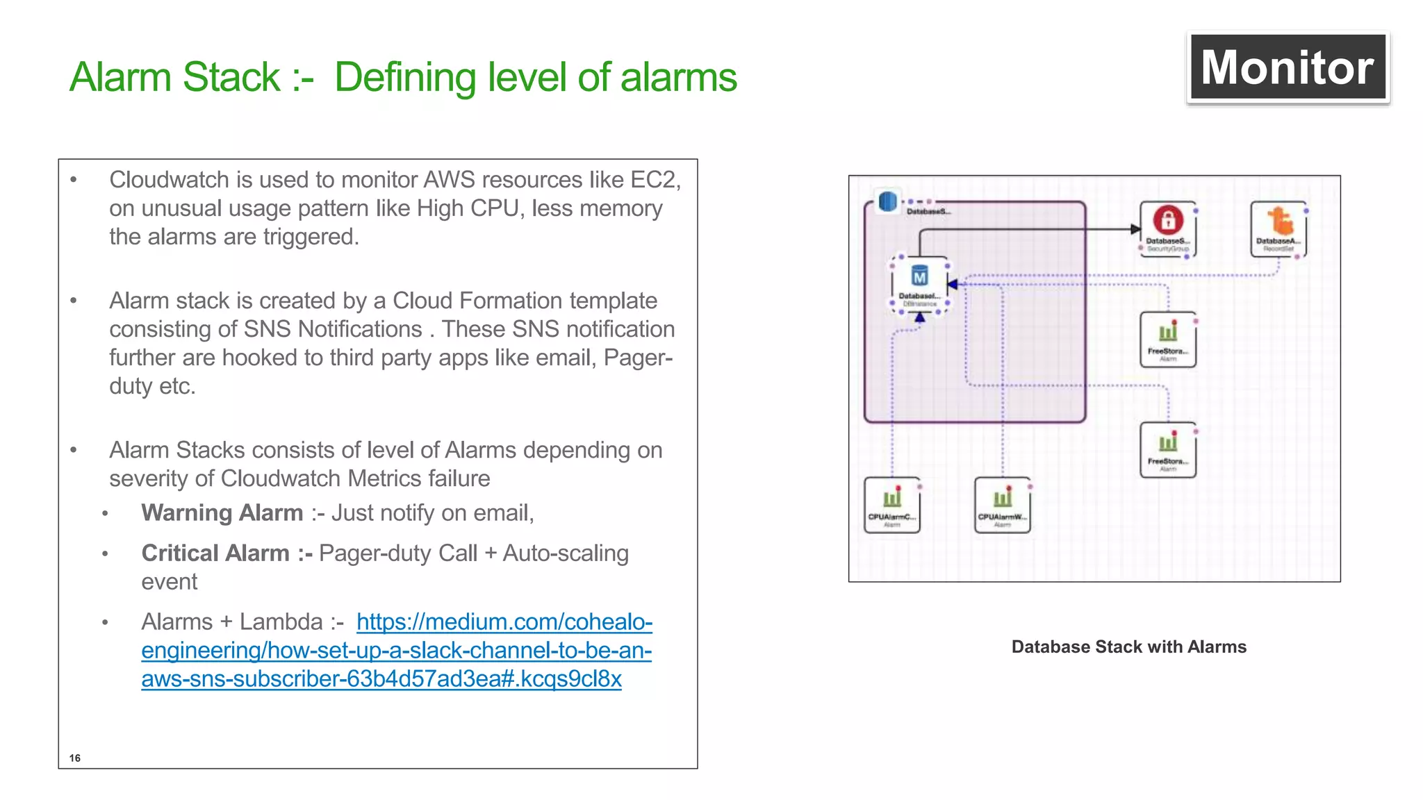 16
• Cloudwatch is used to monitor AWS resources like EC2,
on unusual usage pattern like High CPU, less memory
the alarms are triggered.
• Alarm stack is created by a Cloud Formation template
consisting of SNS Notifications . These SNS notification
further are hooked to third party apps like email, Pager-
duty etc.
• Alarm Stacks consists of level of Alarms depending on
severity of Cloudwatch Metrics failure
• Warning Alarm :- Just notify on email,
• Critical Alarm :- Pager-duty Call + Auto-scaling
event
• Alarms + Lambda :- https://medium.com/cohealo-
engineering/how-set-up-a-slack-channel-to-be-an-
aws-sns-subscriber-63b4d57ad3ea#.kcqs9cl8x
Alarm Stack :- Defining level of alarms
Database Stack with Alarms
Monitor
 