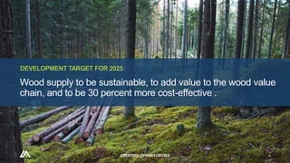 CREATING OPPORTUNITIES 4
Wood supply to be sustainable, to add value to the wood value
chain, and to be 30 percent more cost-effective .
DEVELOPMENT TARGET FOR 2025
 