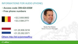 INFORMATIONS FOR AUDIO (PHONE)
• Access code 399-624-656#
• Free phone numbers
+32.2.808.8662
+32.2.588.2771
+31.20.808.3218
+31.20.262.0571
Others http://bit.ly/joinmeefficy
Erwin Ten Hoeve
Senior Account Manager
 